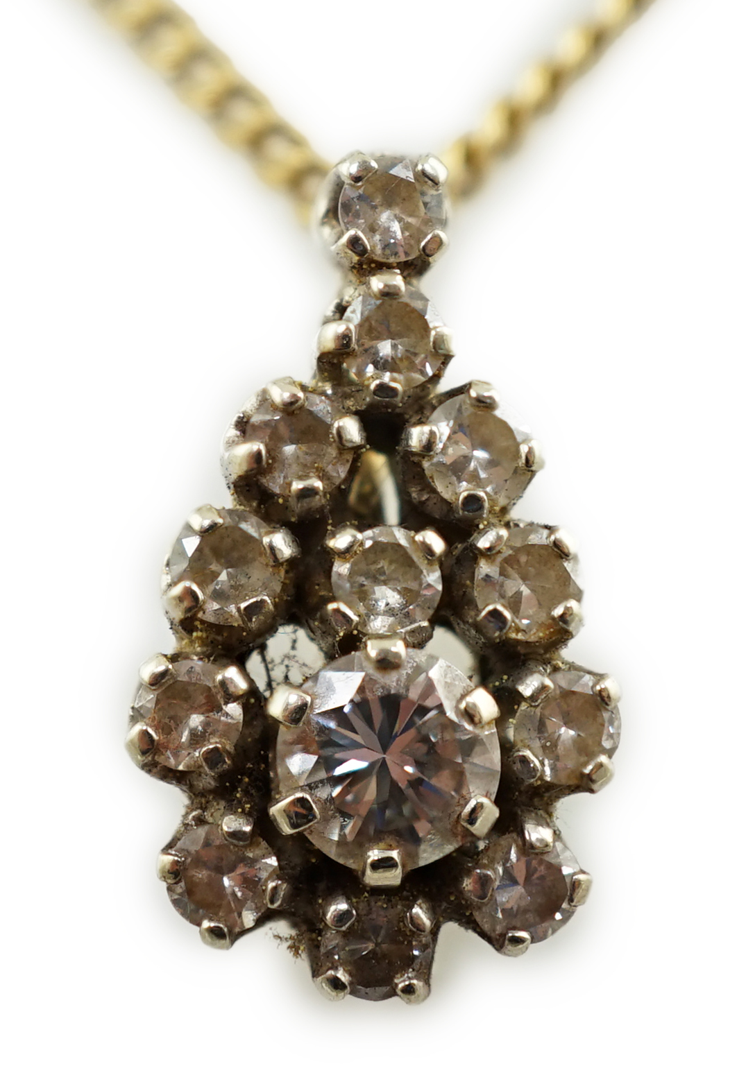 An early to mid 20th century French 18k gold and diamond cluster set pendant, on a French 18k gold chain